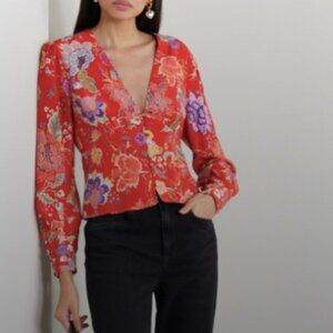 Rixo Azra Floral Crepe Red Blouse XS